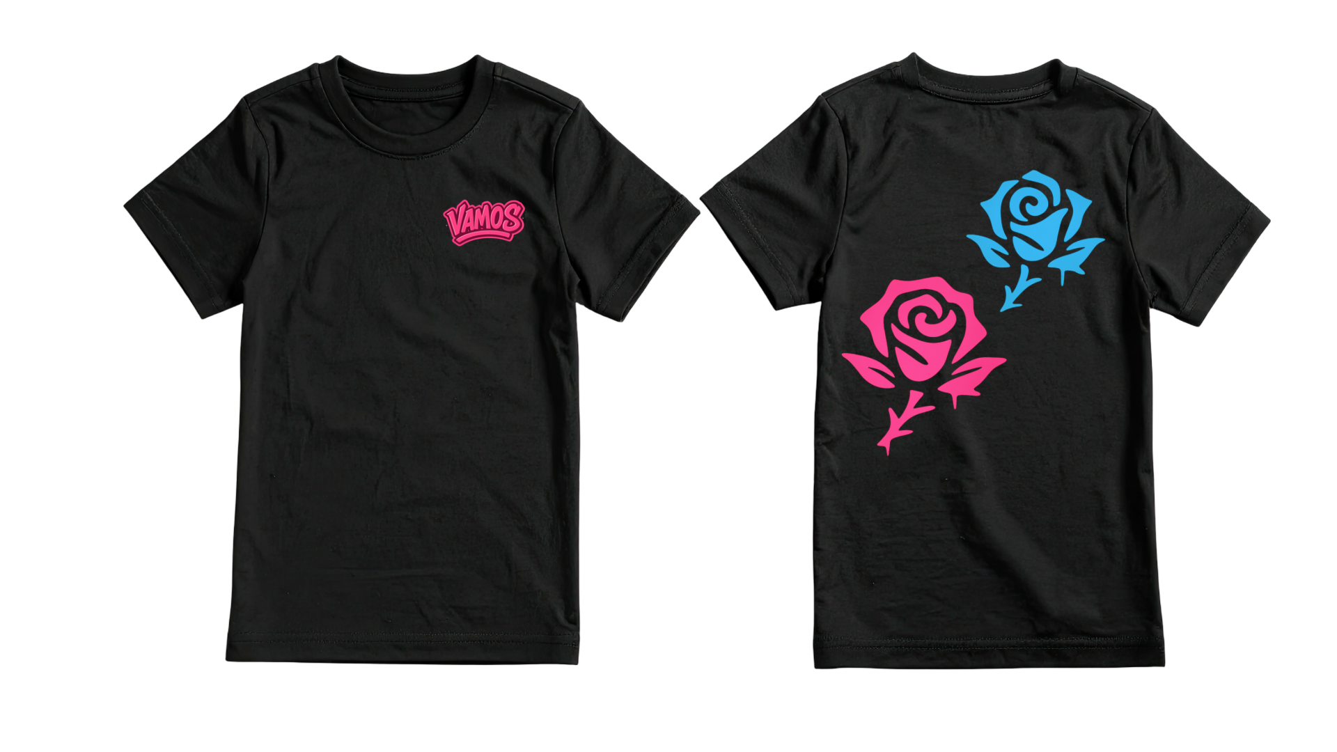 Black T Shirt- Pink and blue Rose Backprint