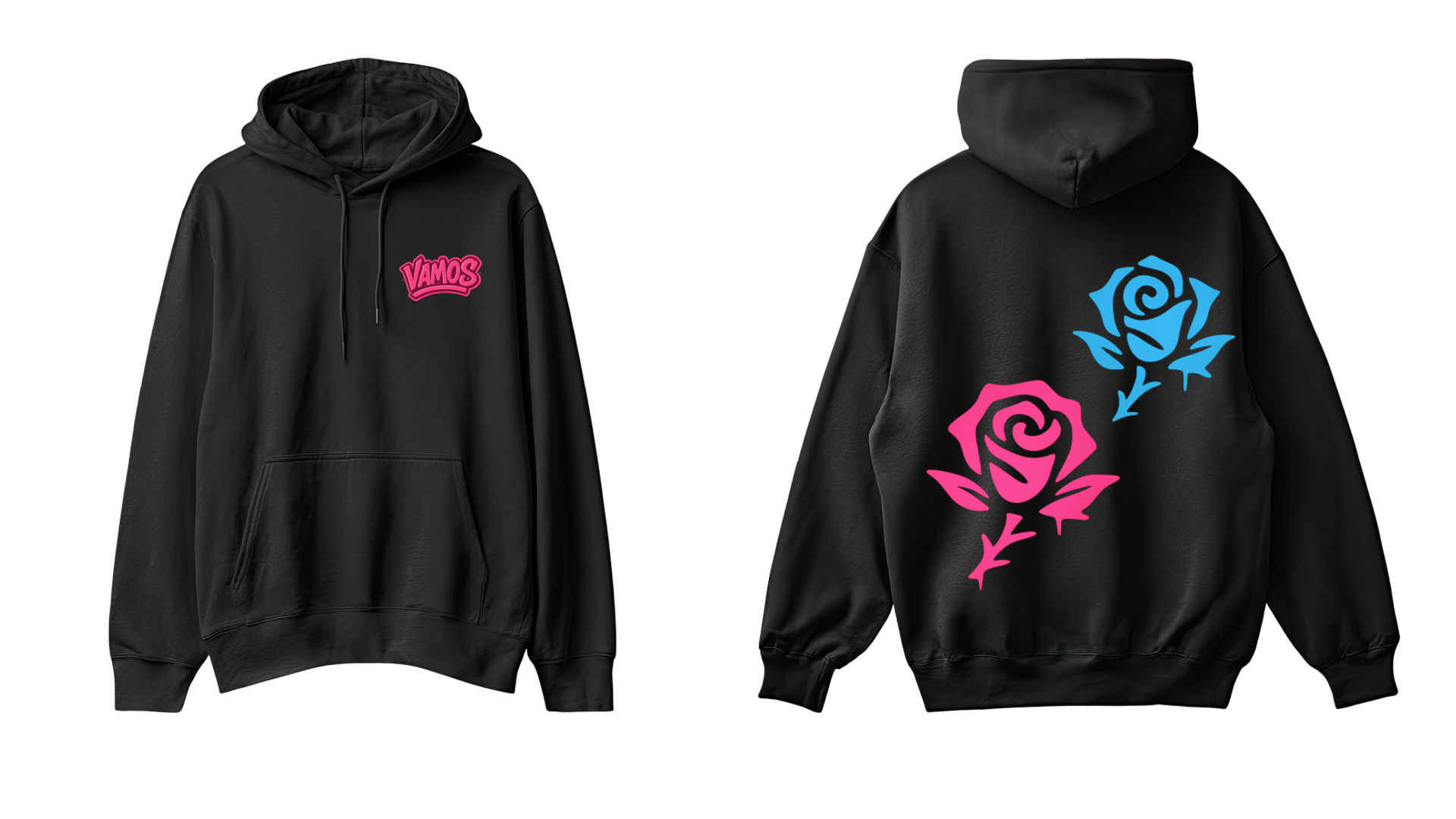Black Hoodie- Pink and Blue Rose Backprint